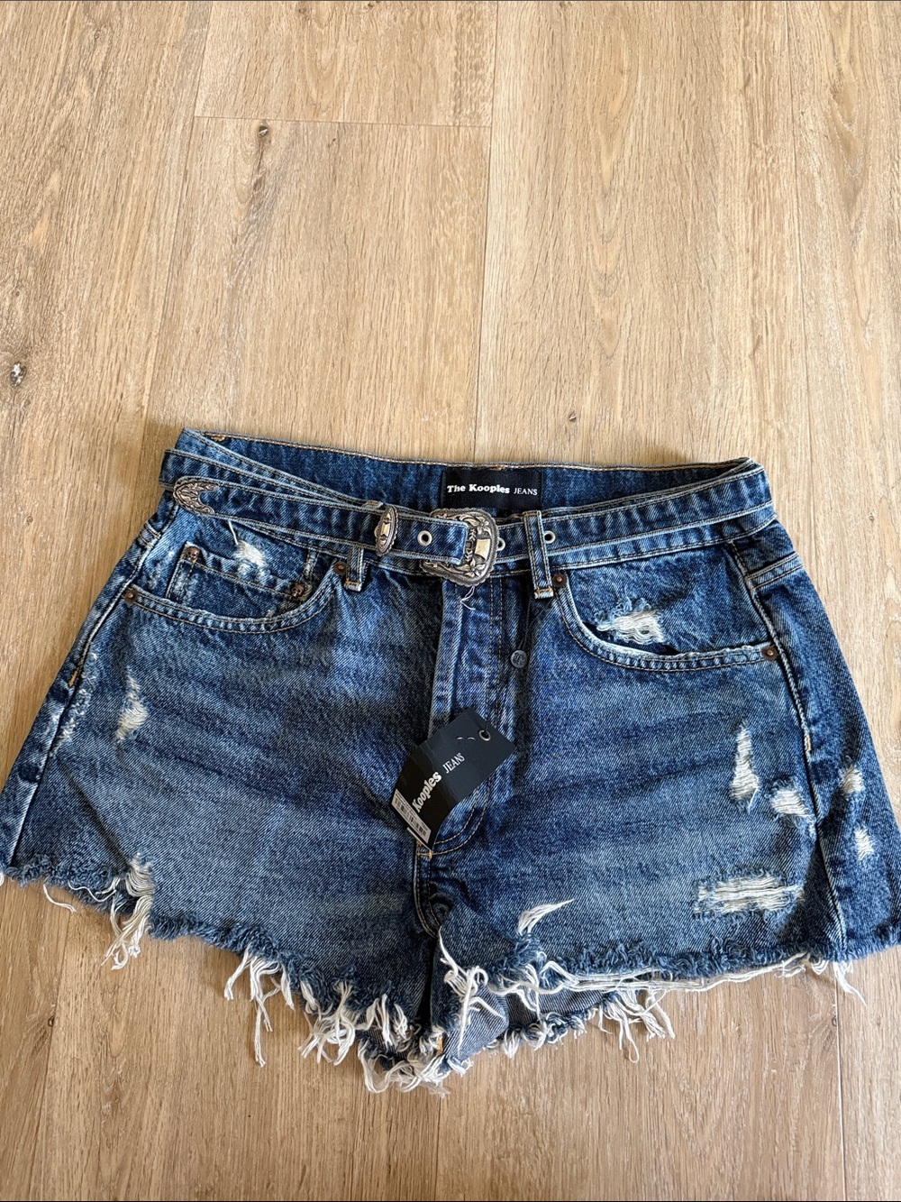 NWT The Kooples Jeans Dark Blue Distressed Denim Cutoff Shorts with Belt 3